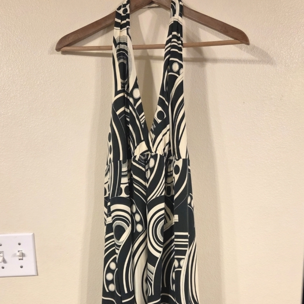 NWT Halter Dress Maggy London Allover Pattern Forest Green and Ivory